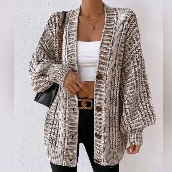 New Boho Chunky Cable Knit Cardigan Sweater Cream White Brown - Picture 7 of 9